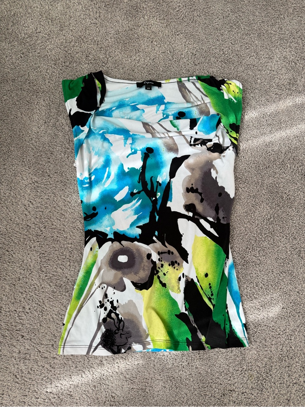 Express Y2K Green, Blue & Black Floral Cap-Sleeve Top